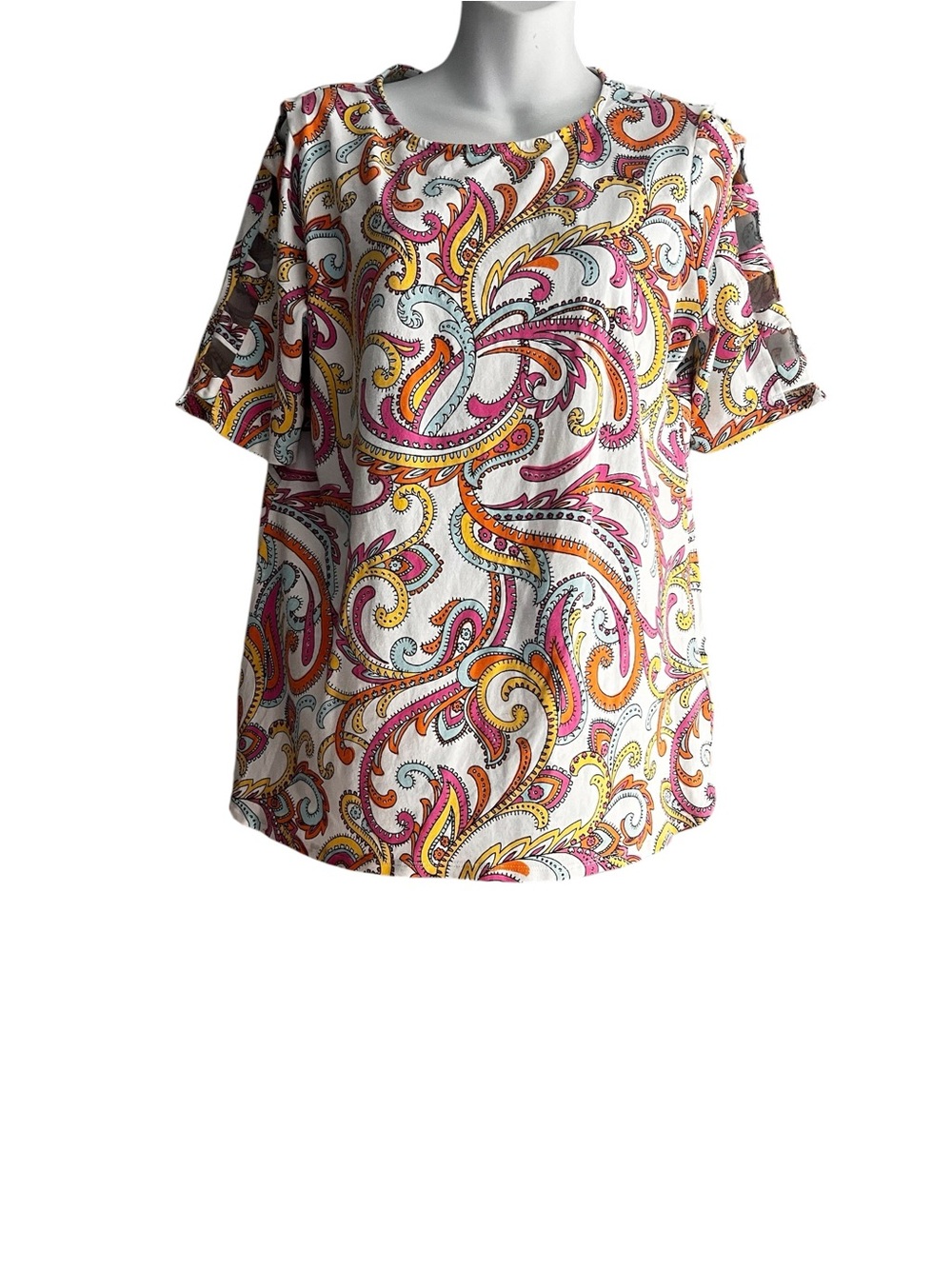 Women’s Paisley Short-Sleeve Blouse - White with Pink & Yellow